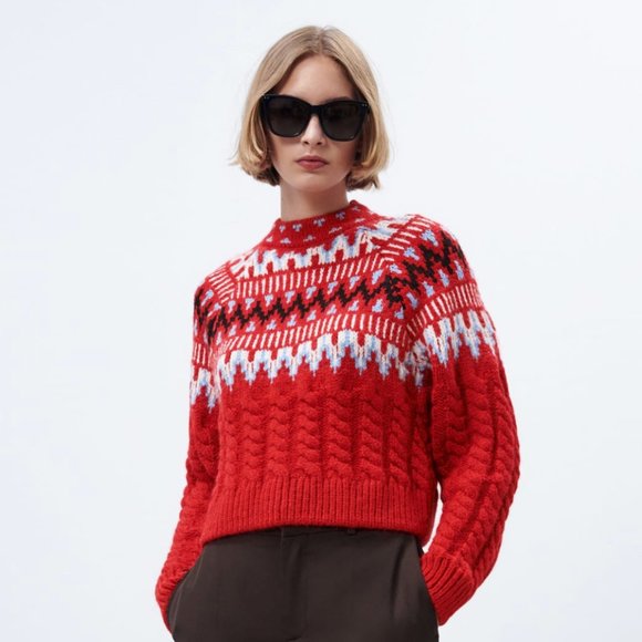ZARA CABLE KNIT JACQUARD SWEATER Red Fair Isle LONG SLEEVE RED 5802/145 M NEW - Picture 1 of 9